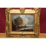 Follower of John Constable, oil on board - river landscape with fisherman, in glazed gilt frame,