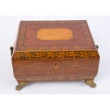 Good George IV rosewood, sycamore inlaid and penwork sewing box of sarcophagus form,