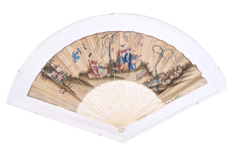 18th / 19th century Franco - Chinese carved ivory and painted paper fan,