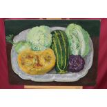 Henry Collins (1910 - 1994), oil on canvas - still life of vegetables on a platter, unframed,