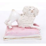 Early 19th century Staffordshire porcelain poodle in playful pose, on pink cushion base,