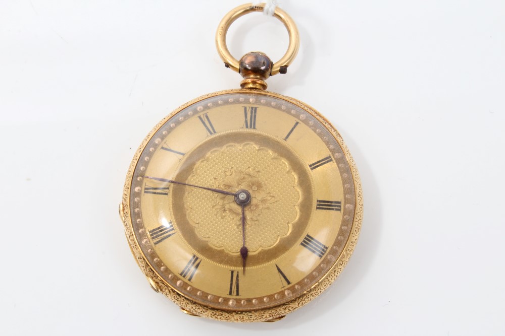Late 19th century Swiss gold (18k) fob watch with pink and blue enamelled flowers to back of case,