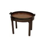 Good George III mahogany brass bound oval tray on later stand, with twin scroll handles, 64cm wide,