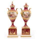 Pair late 19th century Austrian Vienna porcelain urn-shaped vases and covers with painted classical