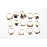Fourteen gold and gem set dress rings - various CONDITION REPORT 10 gold (9ct) rings