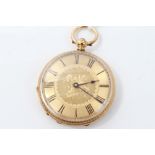 Late 19th century ladies' gold (18k) key-wind fob watch with foliate engraved case and gilt dial,