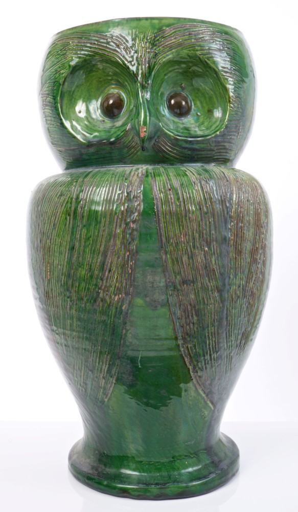 Late 19th century green glazed art pottery stick stand in the form of an owl with brown eyes and