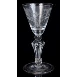 Georgian wine glass with funnel bowl engraved with banner 'DE NEGOTIER' (To Trade) with six-sided