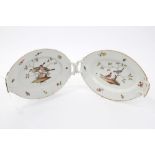 Pair 19th century Berlin porcelain oval two-handled dishes with twin moulded handles and painted