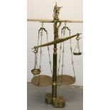 Impressive antique large set of brass butchers' scales with cows' head surmount and cylindrical