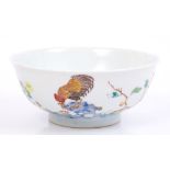 Fine 18th century Chinese 'chicken' bowl with polychrome painted cockerel eating an insect and hen
