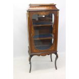Edwardian mahogany and marquetry inlaid display cabinet with pierced brass gallery and three