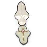 Victorian pearl and red stone cross, with brooch fitting,