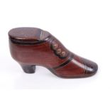 Good 18th century treen ebony and brass inlaid shoe snuff in the form of a ladies' shoe,