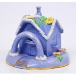 Unusual 19th century lilac glazed cottage-shaped pastille burner and cover on naturalistic base,