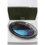 Large Christofle oval silver plated tray with dished centre and leaf pattern border,