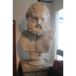 Very large plaster bust of Hercules after the antique, on integral socle base, 15cm high,