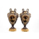 Pair 19th century French Choisy Le Roi vases with gilt and brown scroll handles,