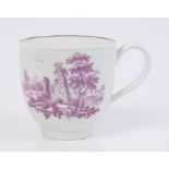 18th century Worcester purple printed coffee cup decorated with classical rims,