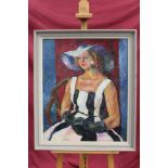 *Colin Moss (1914 - 2005), oil on canvas - portrait of a lady in striped dress and hat, signed,