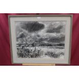 *Ian Hay (b. 1940), charcoal - Summer Storm, Dedham, signed, in glazed frame, 54cm x 69cm.