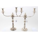 Pair Old Sheffield Plate three-light candelabra with rococo shell and foliate decoration,
