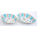 Pair 18th century Worcester fluted oval dessert dishes with polychrome floral sprays and pale blue