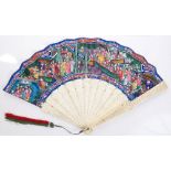 Fine mid-19th century Chinese export carved ivory fan with finely painted domestic scenes in