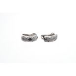 Pair of white gold (18ct) diamond half hoop earrings with diamond set criss-cross design and stud