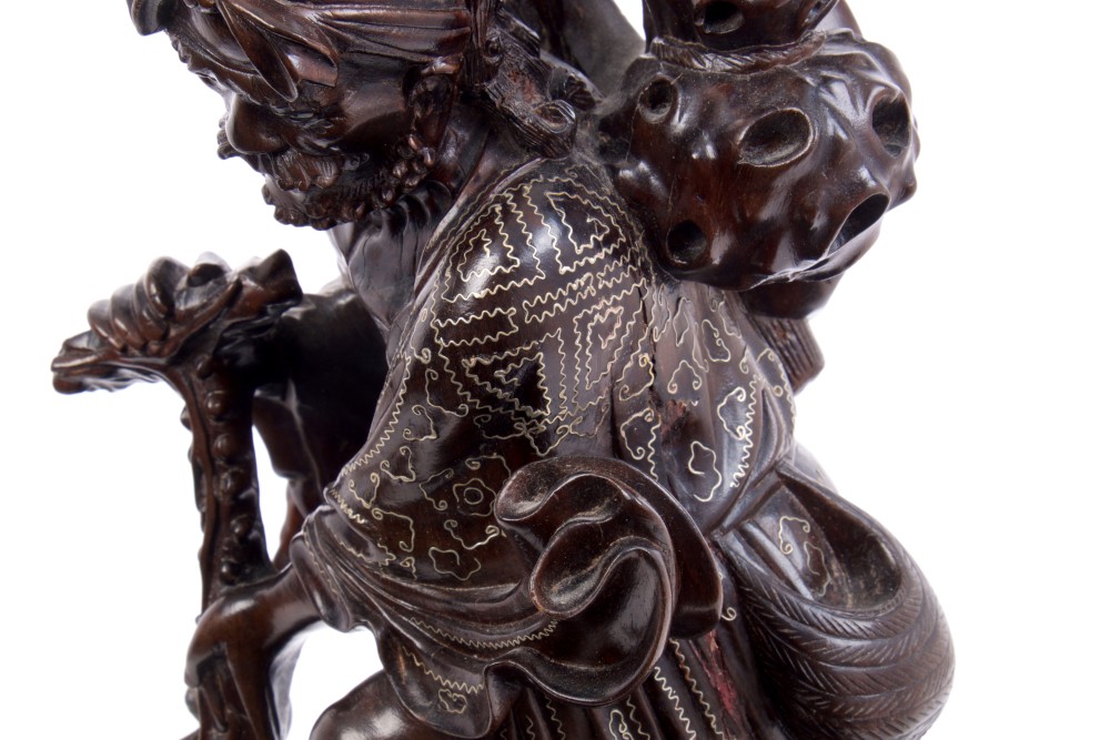 Late 19th century Chinese carved hardwood figure of a peasant with dog with white metal wire inlay - Image 4 of 6