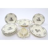 Late 18th century creamware part table service with black printed dead game,