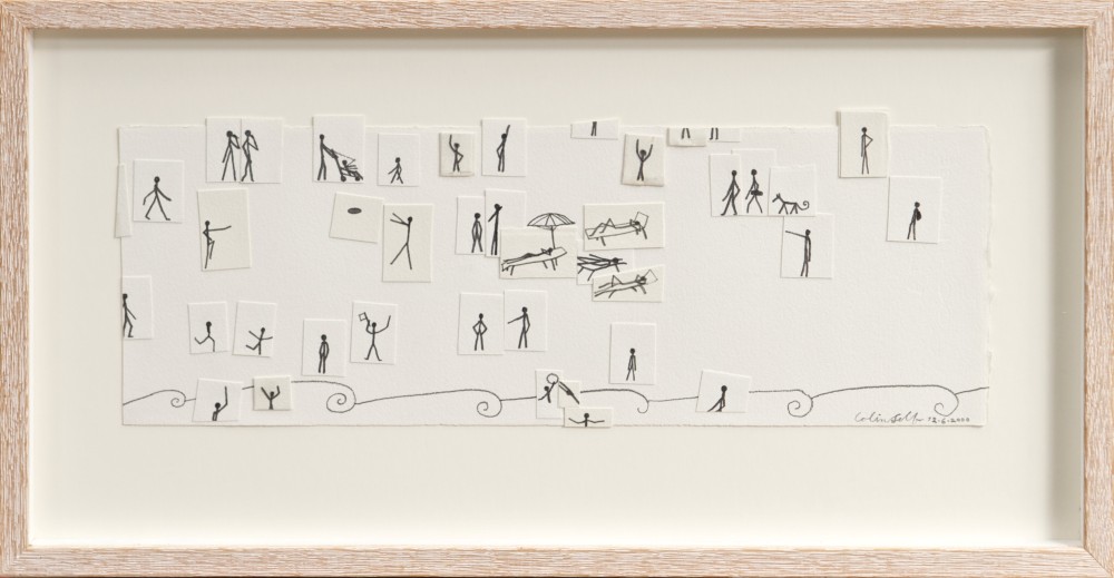 *Colin Self (b. 1941), pencil and collage - Holidaymakers on the Beach, signed and dated 12.6.