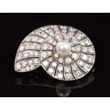 Good quality diamond and pearl brooch in the form of an ammonite, centred with a 6.