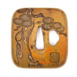 Fine late 18th century Japanese bronze and gilt inlaid tsuba of square form,