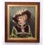 Victorian painted pottery tile decorated with the portrait of a lady in fur-trimmed hat and cape,