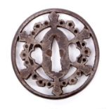 Early Japanese steel tsuba, circular form, with pierced geometric ornament, 7.