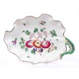 Continental Chelsea-style leaf-shaped dish with polychrome painted fruit decoration and stalk