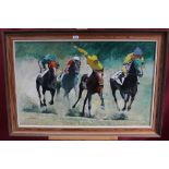 John Laurie, contemporary acrylic on board - The Race, signed, titled verso and dated 1975, framed,