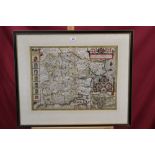 17th century hand-coloured engraved map, by John Norden and Speede, 1610 - Essex, in glazed frame,