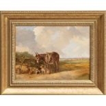 John Duvall (1815 - 1892), oil on canvas - donkey and two dogs at rest in rural landscape, signed,