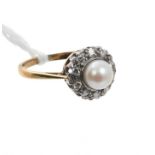 Cultured pearl and diamond cluster ring with a 5.