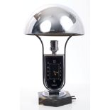 Fine and rare 1930s Art Deco Jaeger Le-Coultre desk clock lamp with adjustable domed chrome shade