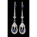 Pair Art Deco-style sapphire and diamond pendant earrings,