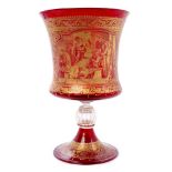 Good quality late 19th century Venetian ruby glass chalice with finely etched gilt scene depicting