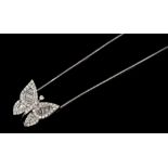 Diamond butterfly pendant with baguette cut diamonds to the wings and brilliant cut diamond border,