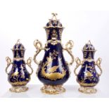 Impressive Victorian Minton garniture of three vases and covers in the Chelsea Gold Anchor style,