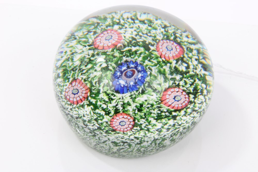 Mid-19th century French glass paperweight with pink and blue florettes on scrambled green and white