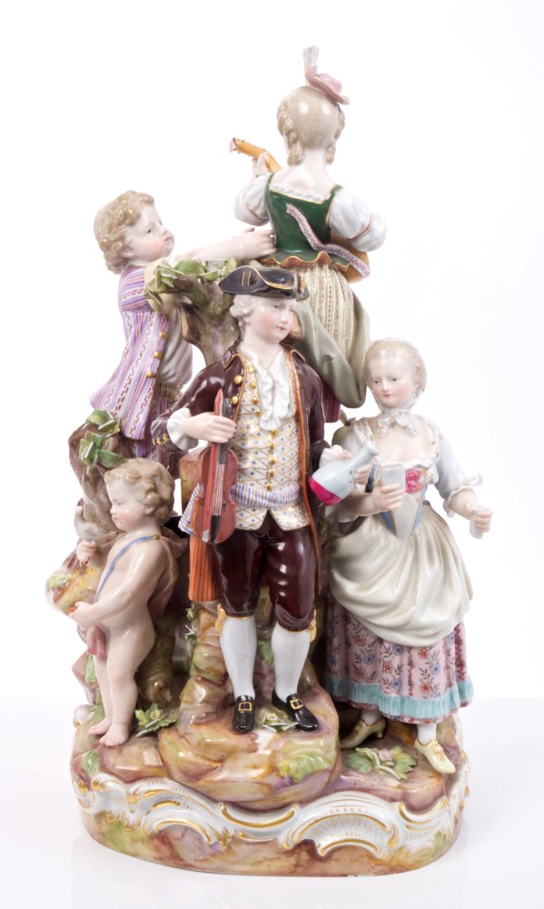 Large mid-19th century Meissen porcelain group of a musical family with putti and goat on rocky - Image 3 of 17