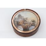 Late 18th century Continental burr wood and tortoiseshell banded snuff box of circular form,