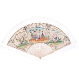 19th century carved Canton ivory and painted paper fan with finely lattice pierced sticks and